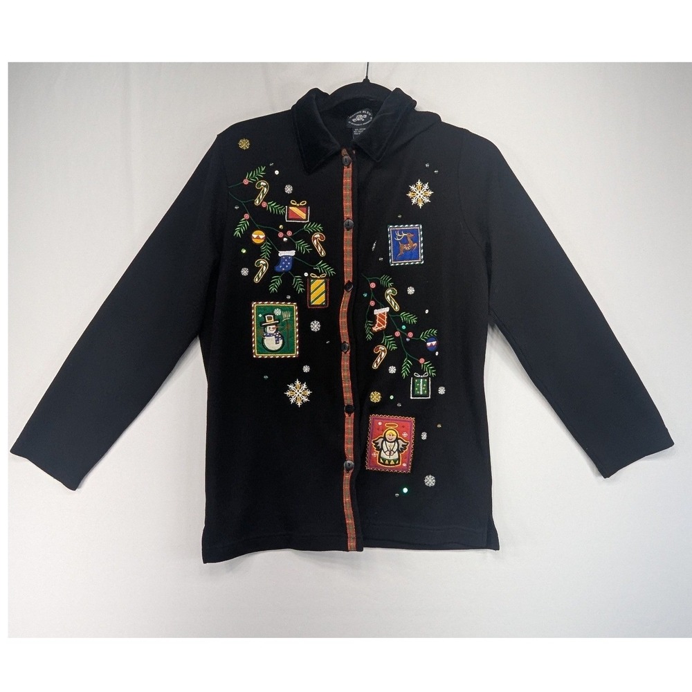 Moving‎ Bleu Designers Originals Black Christmas Cardigan Velvet Collar Small